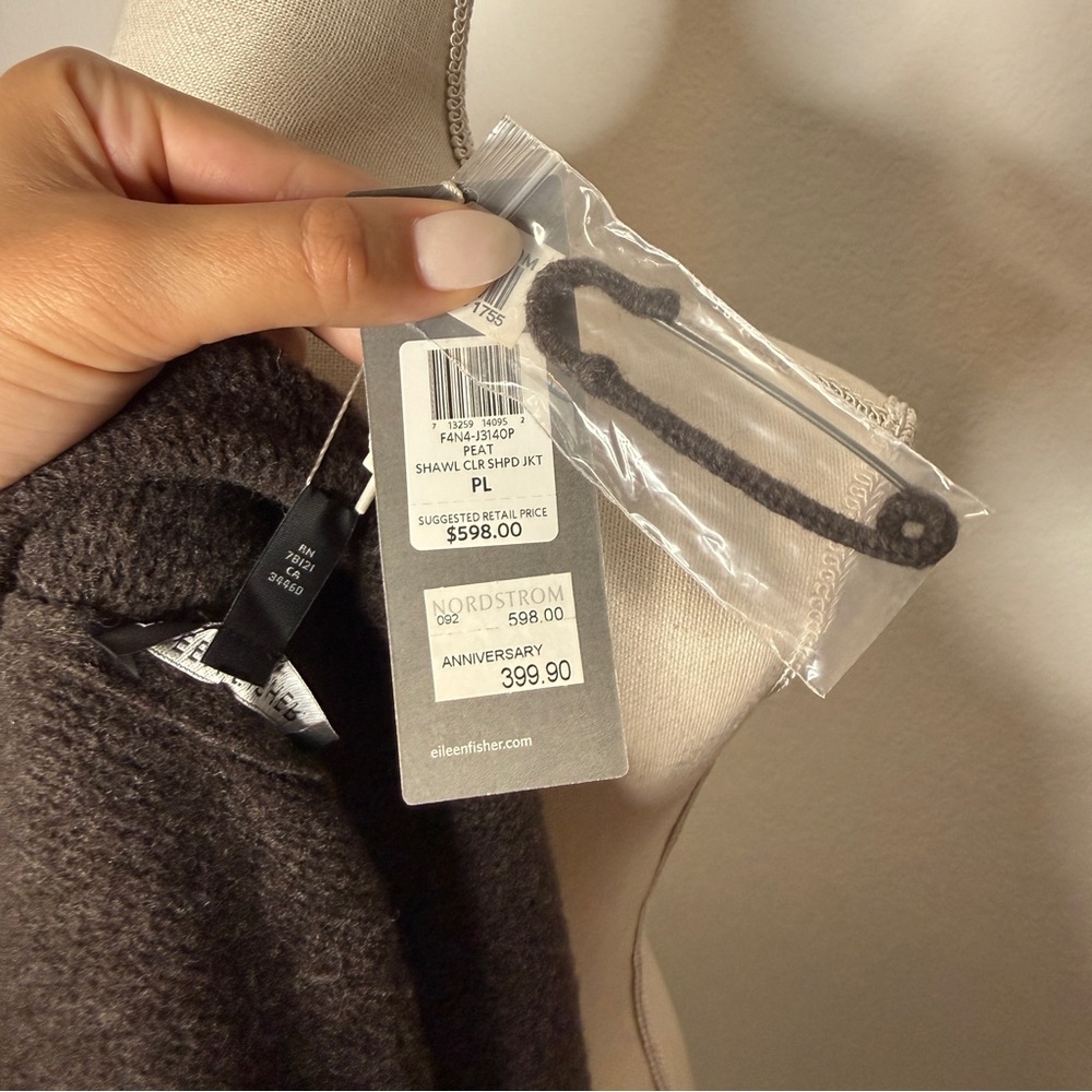 Eileen Fisher Peat Wool Leather Cardigan Jacket Black Brown NWT Size LP - Picture 7 of 8